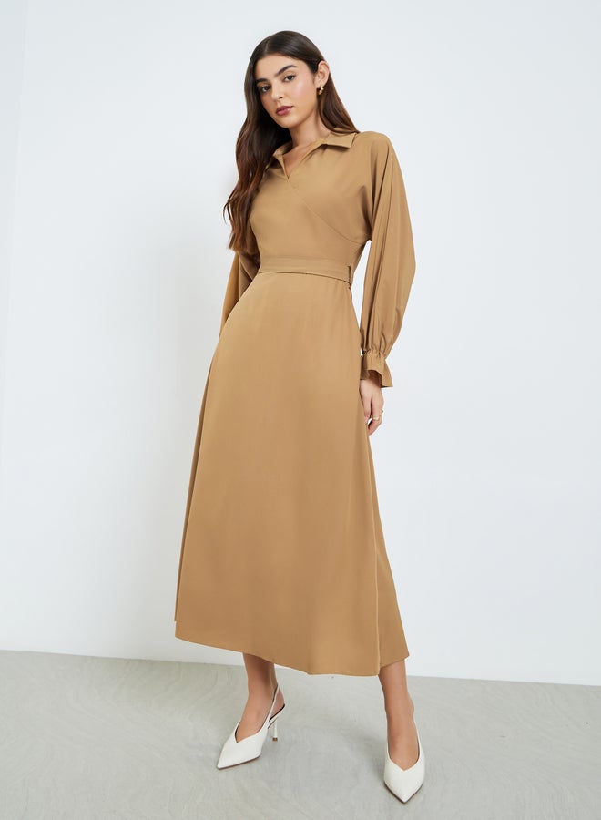 Styli Women Khaki Long Sleeve A-Line Midi Dress - Image 1